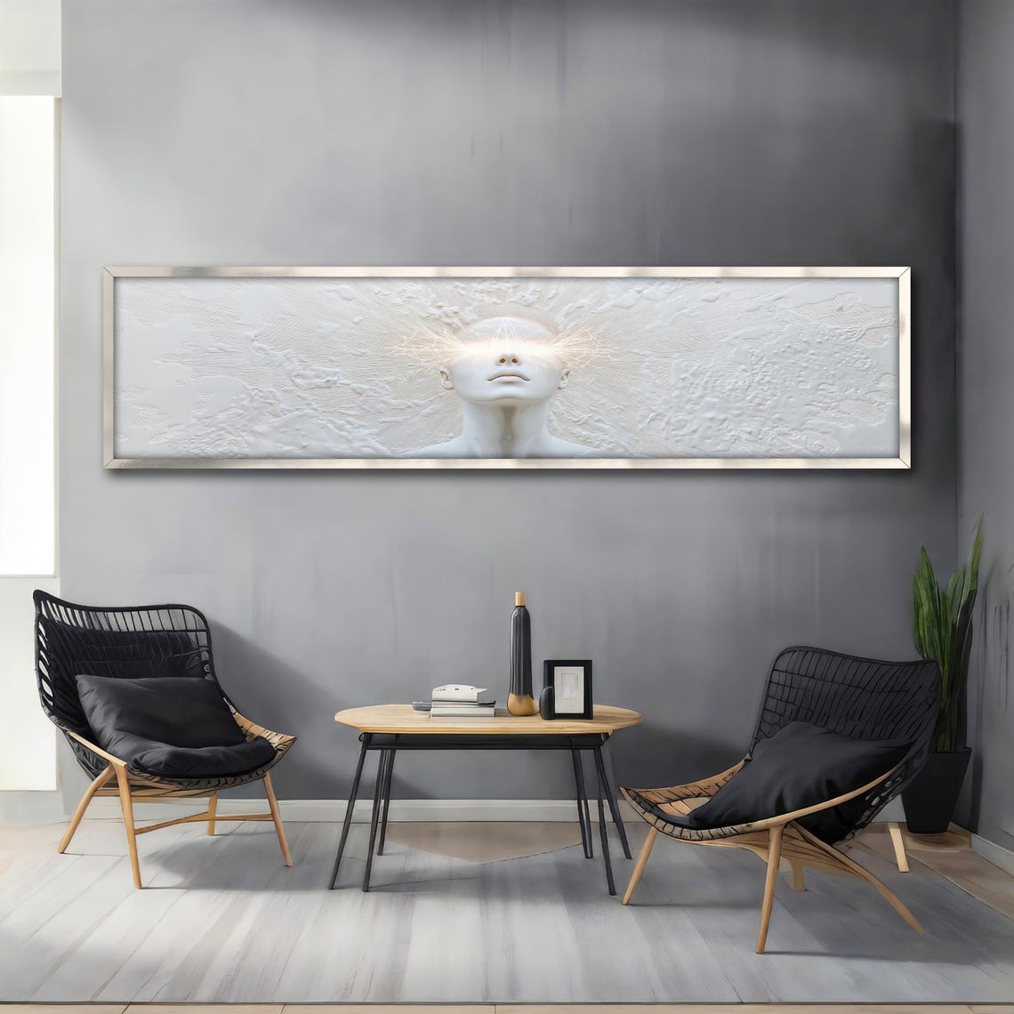 White 3D Face Relief Glowing Eyes Texture Panoramic Wall Art Poster - Image 4