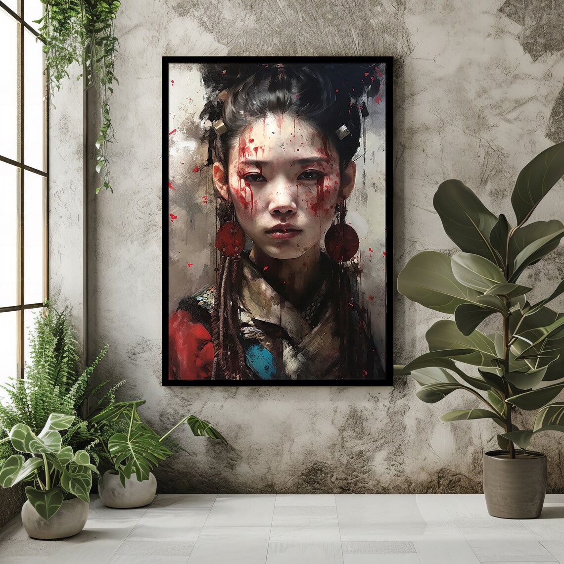 Warrior Woman Face Red War Paint Splatter Japanese Art Style Poster - Image 2