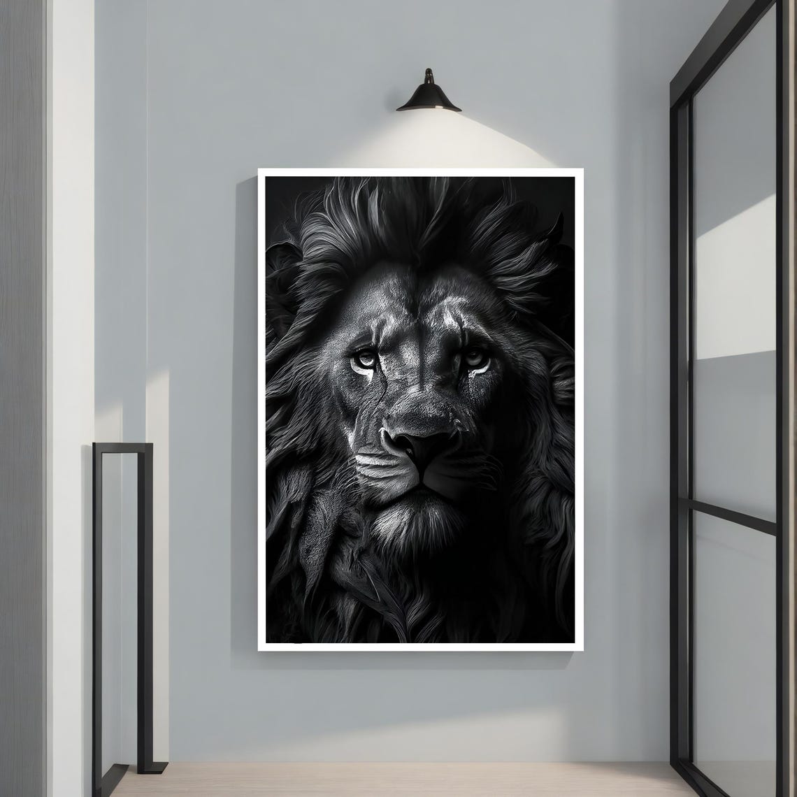 Black And White Lion Face Intense Monochrome Wildlife Portrait Poster - Image 2