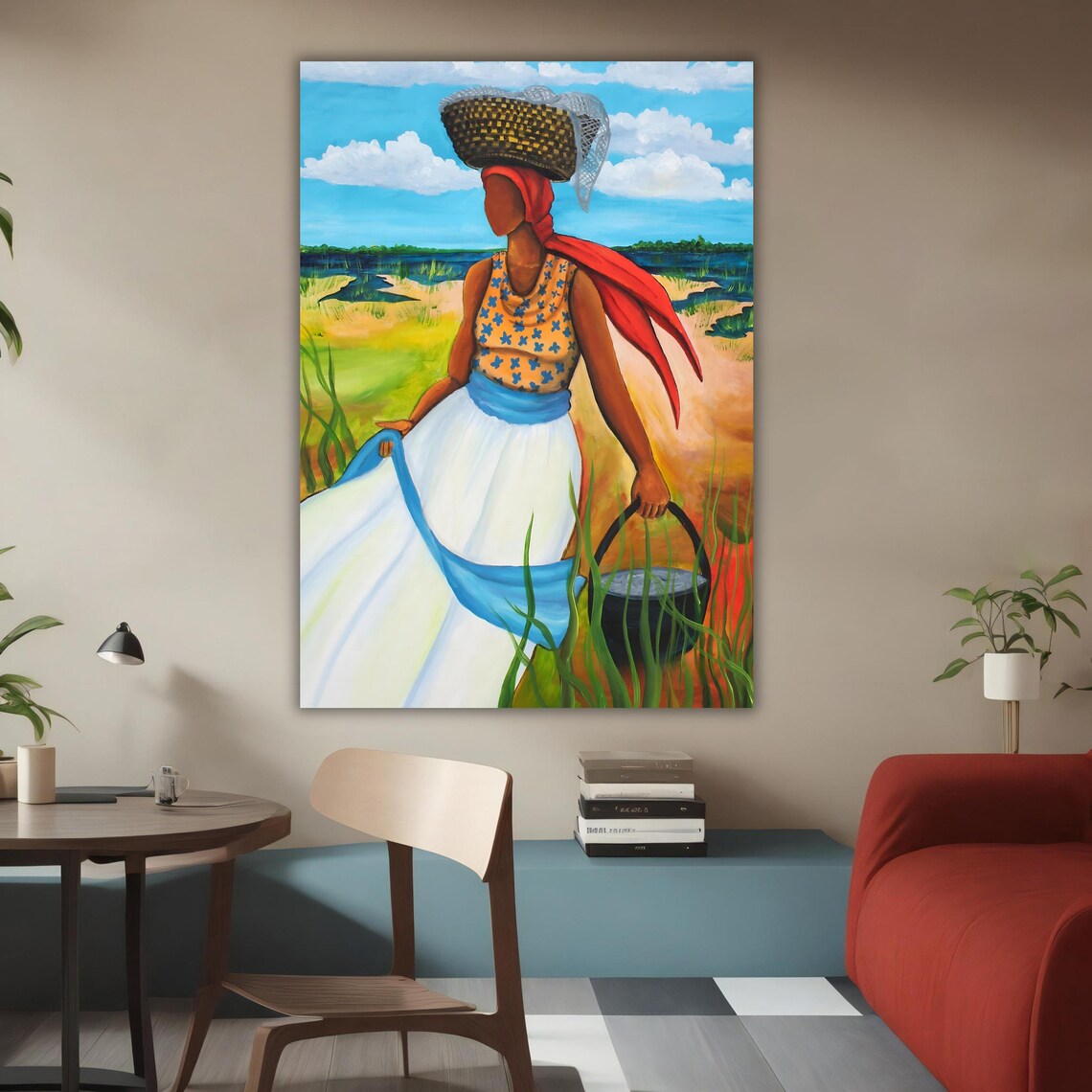 Woman Carrying Basket On Head Field Walk Folk Art Painting Poster - Image 3