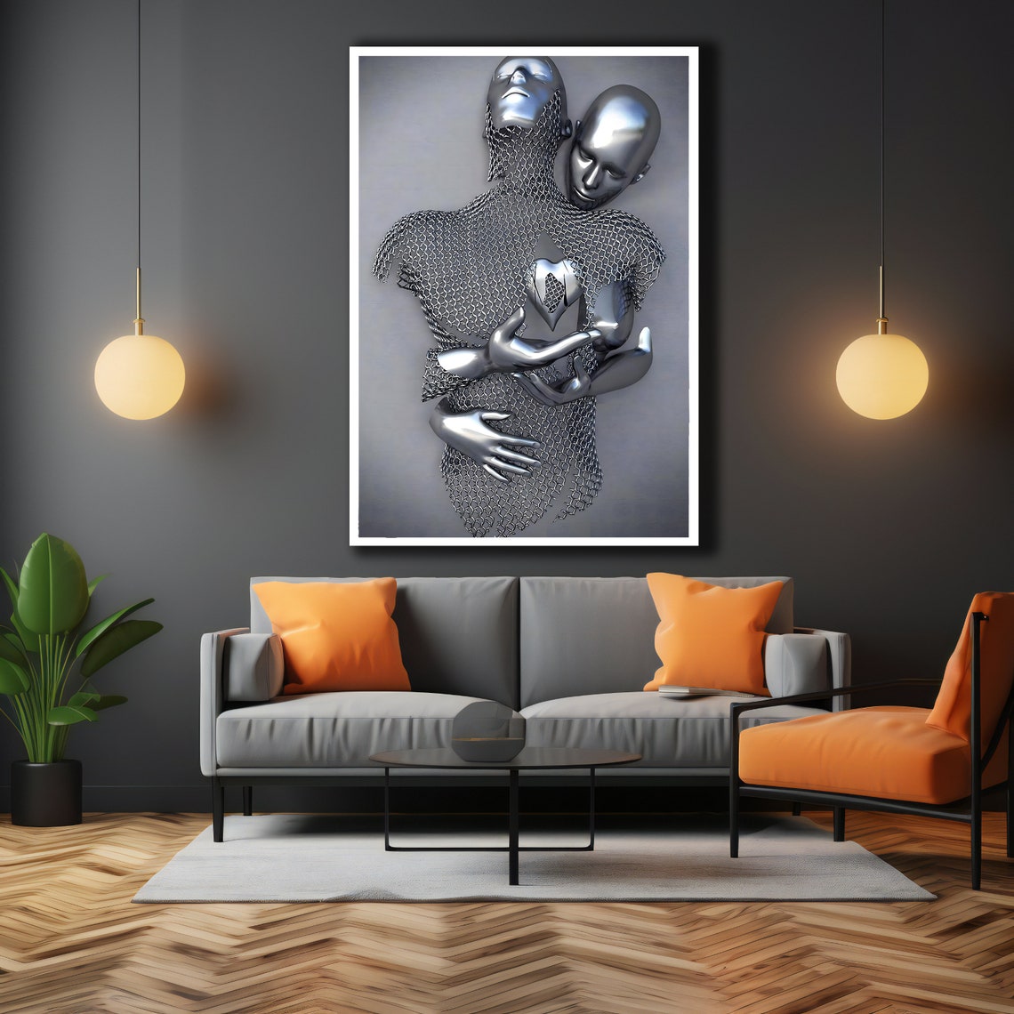 Silver 3D Metallic Couple Hugging Sculpture Modern Love Wall Art - Image 3