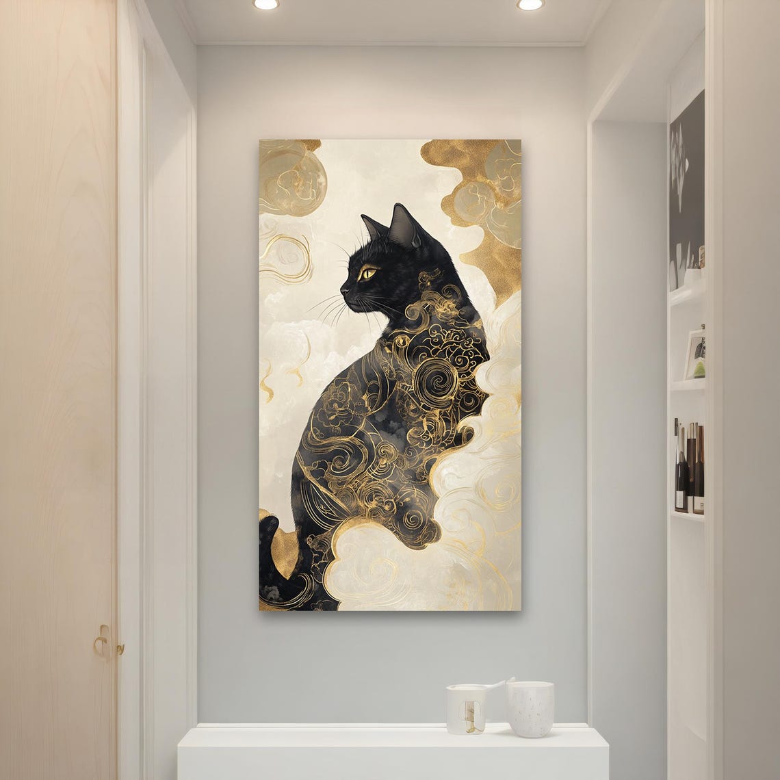 Black Cat Profile with Golden Oriental Cloud Pattern Art Poster - Image 4