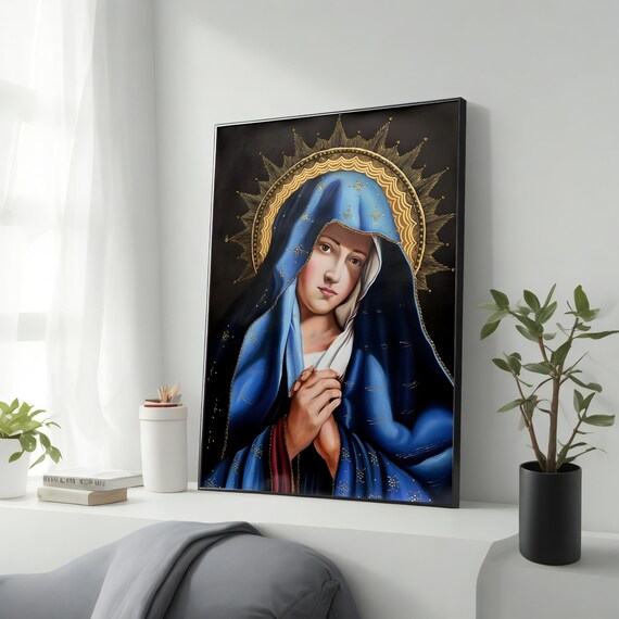 Virgin Mary In Blue Mantle With Golden Halo Sacred Catholic Art Poster