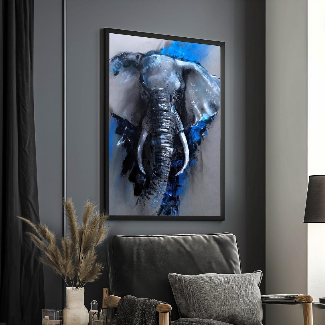 Blue Elephant Head Abstract Blue Splash Wildlife Portrait Poster