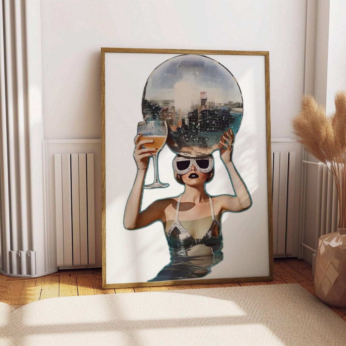 Disco Ball Head Woman Wine Glass Sunglasses Preppy Dorm Room Poster - Image 3