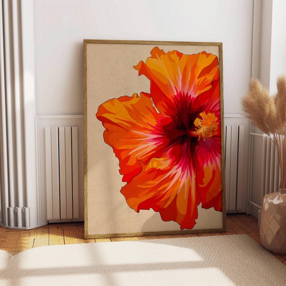 Hibiscus Flower Hawaiian Art Print Decor Funky Wall Art Retro Art Print Preppy Room Decor Pink Maximalist Decor