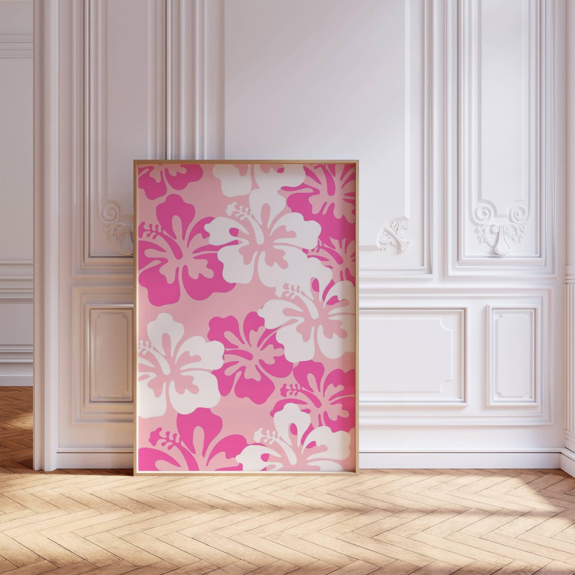 Pink White Hibiscus Pattern Bold Retro Tropical Flower Wall Art