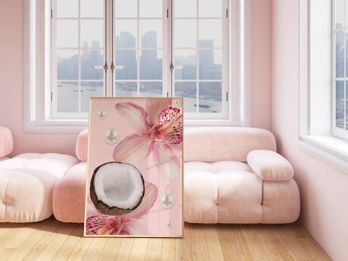 Pink Tropical Lily Coconut Half Pearls Preppy Beach Room Poster