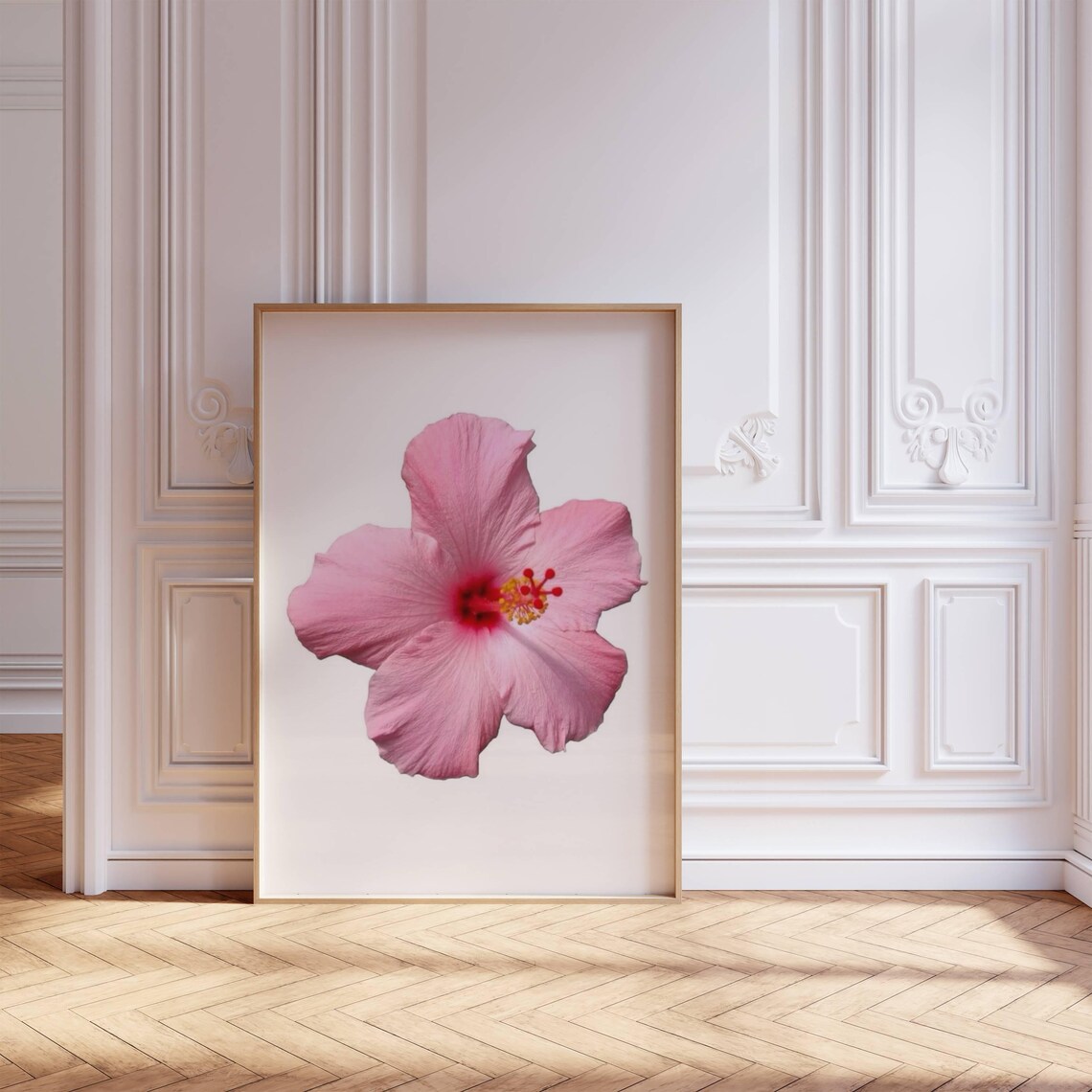 Pink Hibiscus Single Bloom Photo Style Tropical Flower Wall Art - Image 3