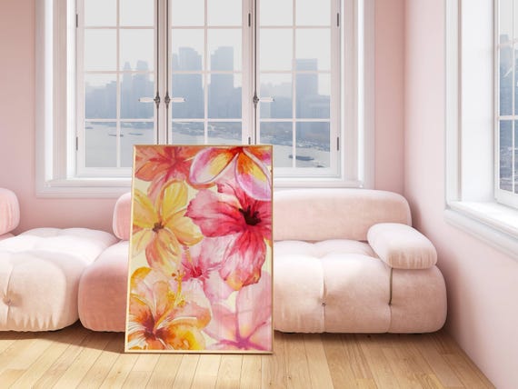 Hibiscus Flower Hawaiian Art Print Decor Wall Art Retro Art Print Preppy Room Decor Pink Hibiscus Flower Hawaiian Poster
