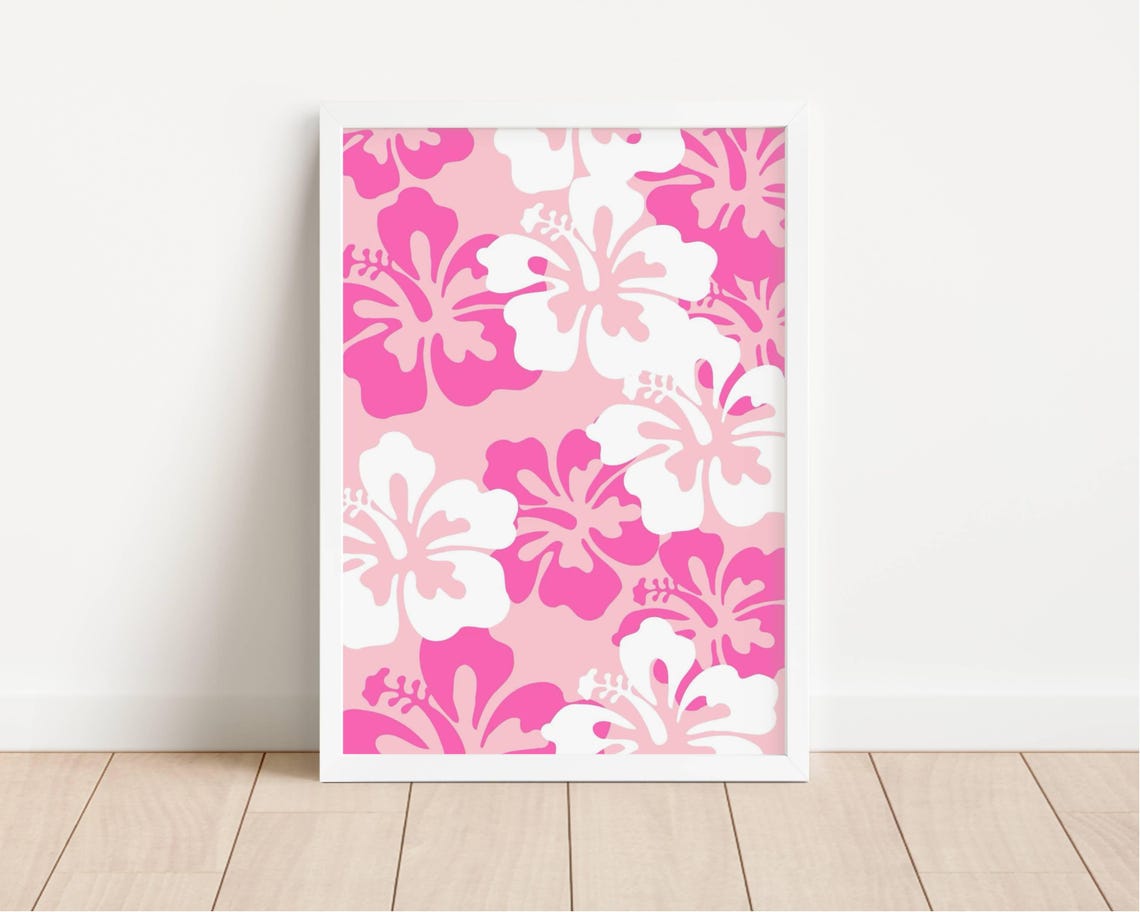 Pink White Hibiscus Pattern Bold Retro Tropical Flower Wall Art - Image 2
