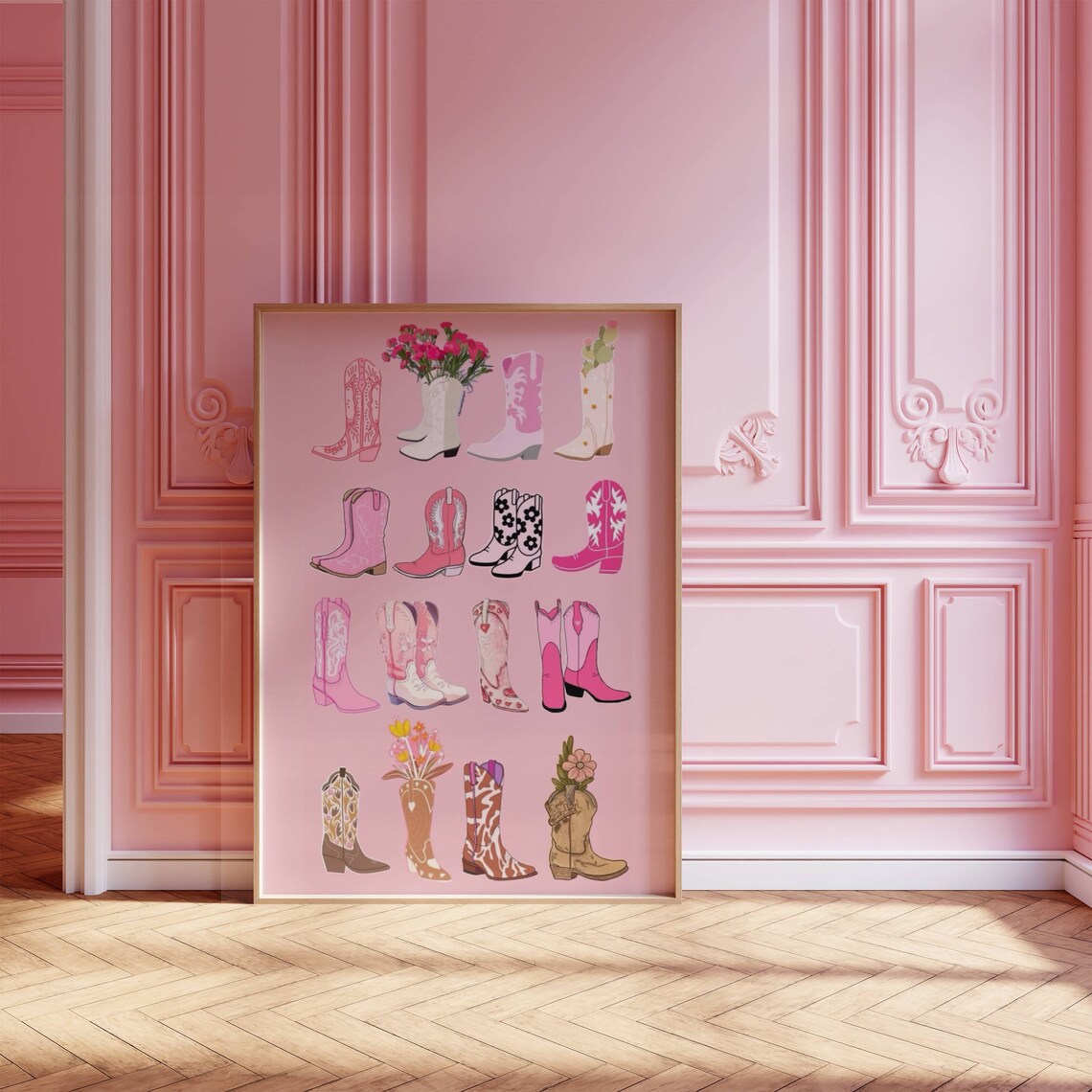 Pink Cowboy Boots Grid Western Preppy Dorm Room Decor Poster - Image 3