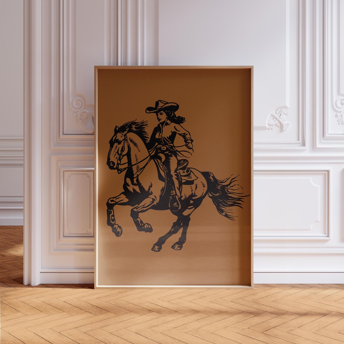 Retro Cowgirl Riding Horse Silhouette Western Brown Wall Art