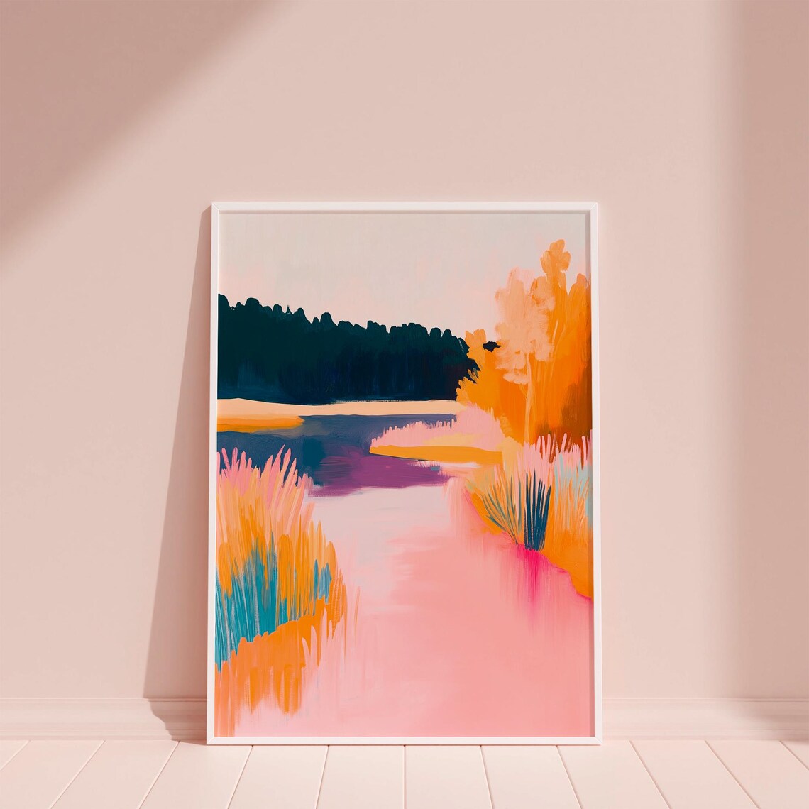 Autumn Lake Reeds Abstract Pink Water Fall Nature Landscape Poster - Image 6