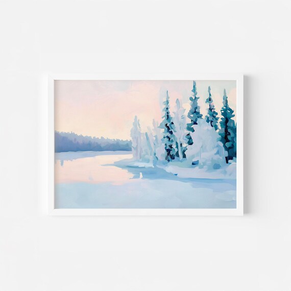 Pastel Winter Lake Abstract Forest Print Snowy Trees Landscape Colorful Finland Poster Fall Nature Art Cold River