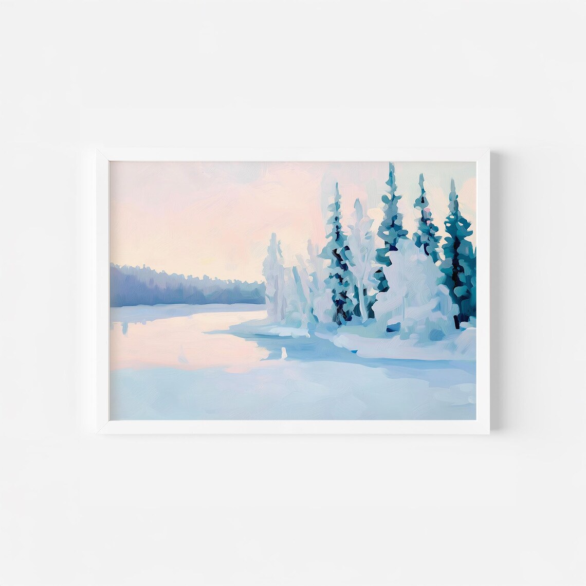 Snowy Winter Lake With Frosted Pines Under Pastel Dawn Poster