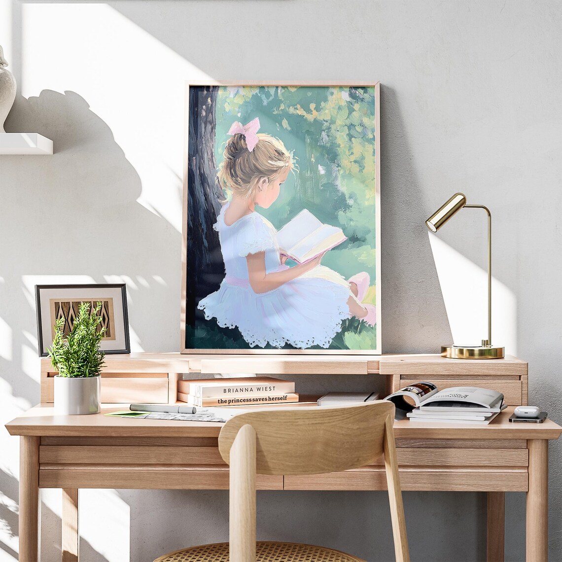 Blonde Girl Reading Under Green Tree White Dress Kids Poster - Image 3