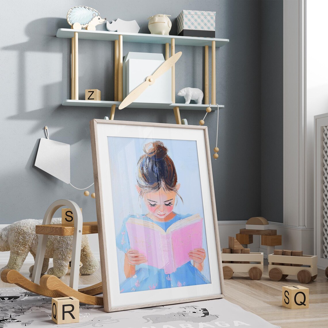 Girl in Floral Blue Dress Reading a Pink Book Nursery Decor Poster - Image 5