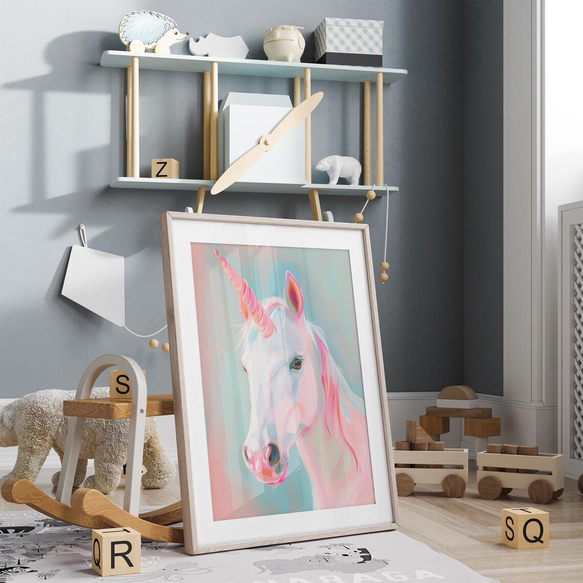 Pastel White Unicorn Portrait With Rainbow Horn Fantasy Art Poster - Image 5