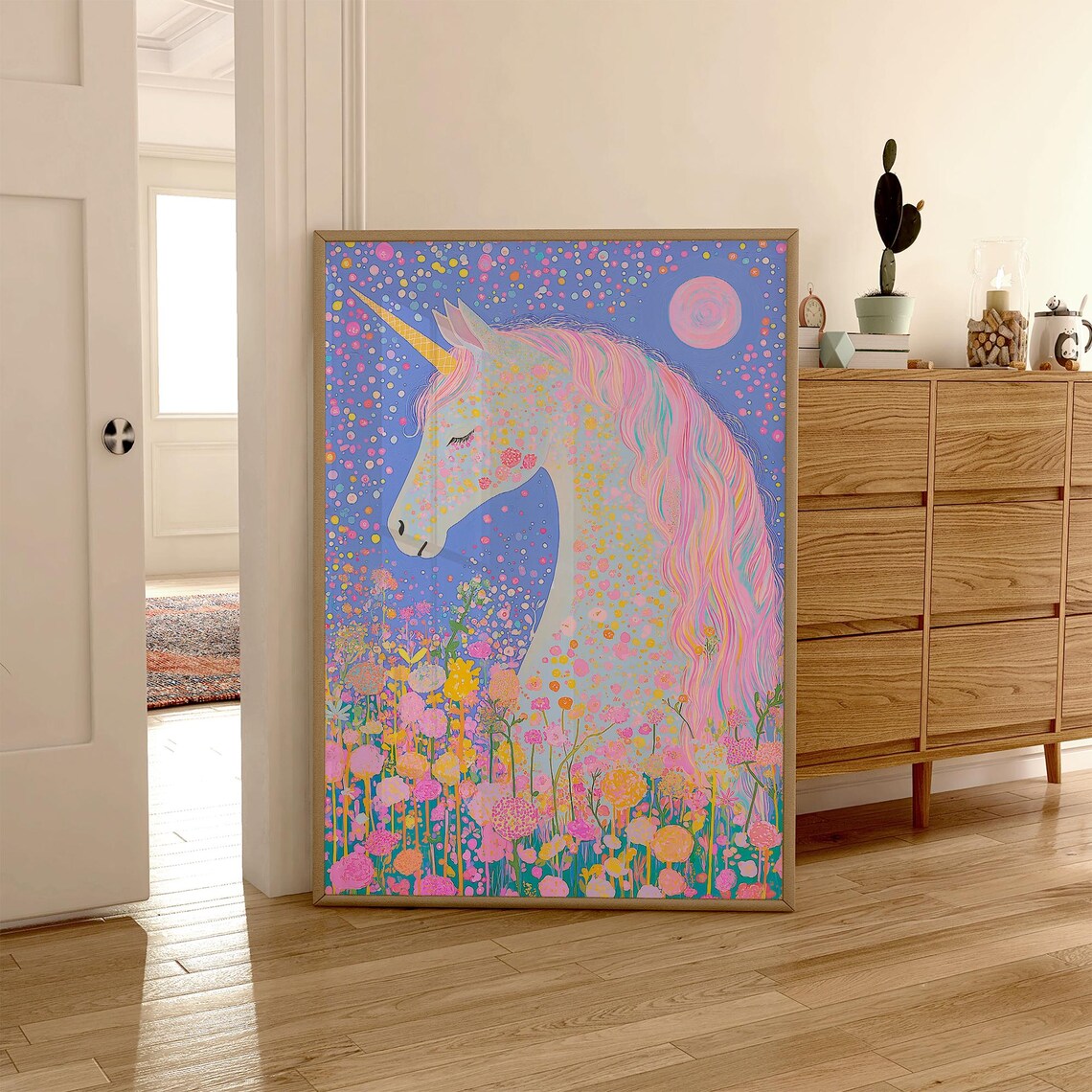 White Unicorn in Starry Night Flower Garden Pink Moon Fantasy Poster - Image 6