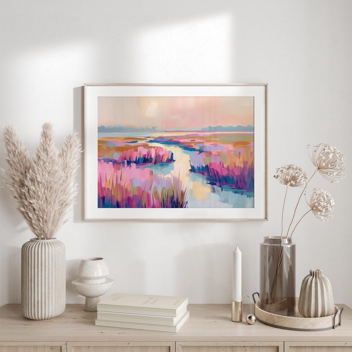 Vibrant Pink Marsh Reeds Around Winding Creek Modern Art Poster - Image 2
