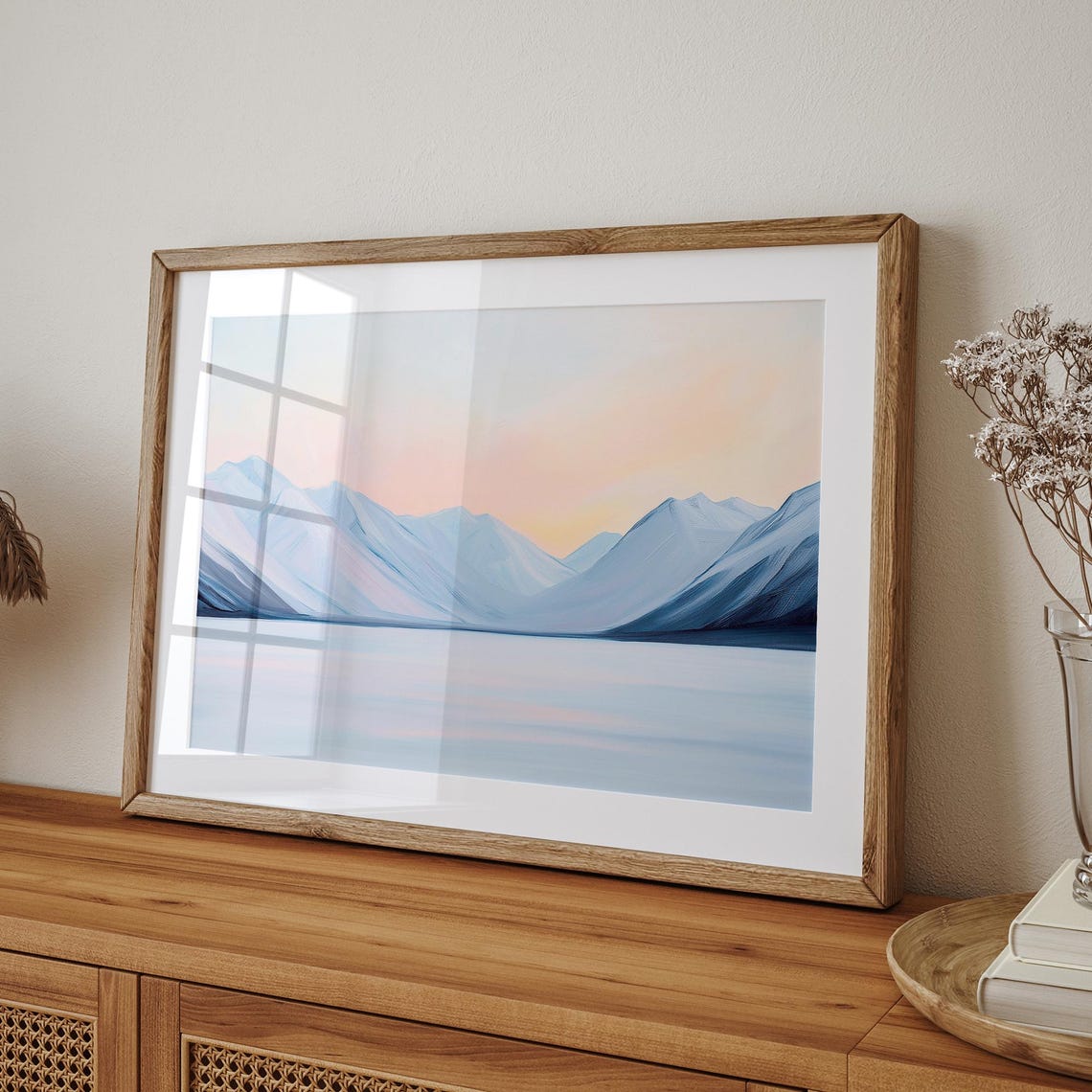 Blue Snowy Mountain Peaks Reflected In Calm Lake At Sunset Poster - Image 5