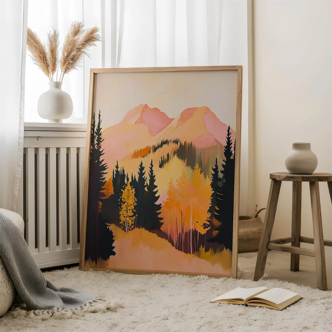 Pink Mountain Peaks Rising Over Golden Autumn Pines Landscape Poster - Image 5