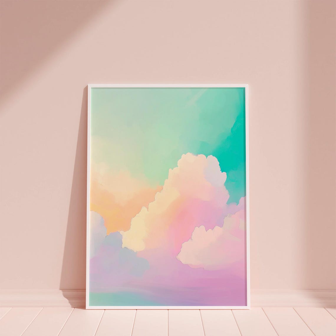 Pastel Pink Clouds Drifting Across a Dreamy Teal Sky Art Poster - Image 2