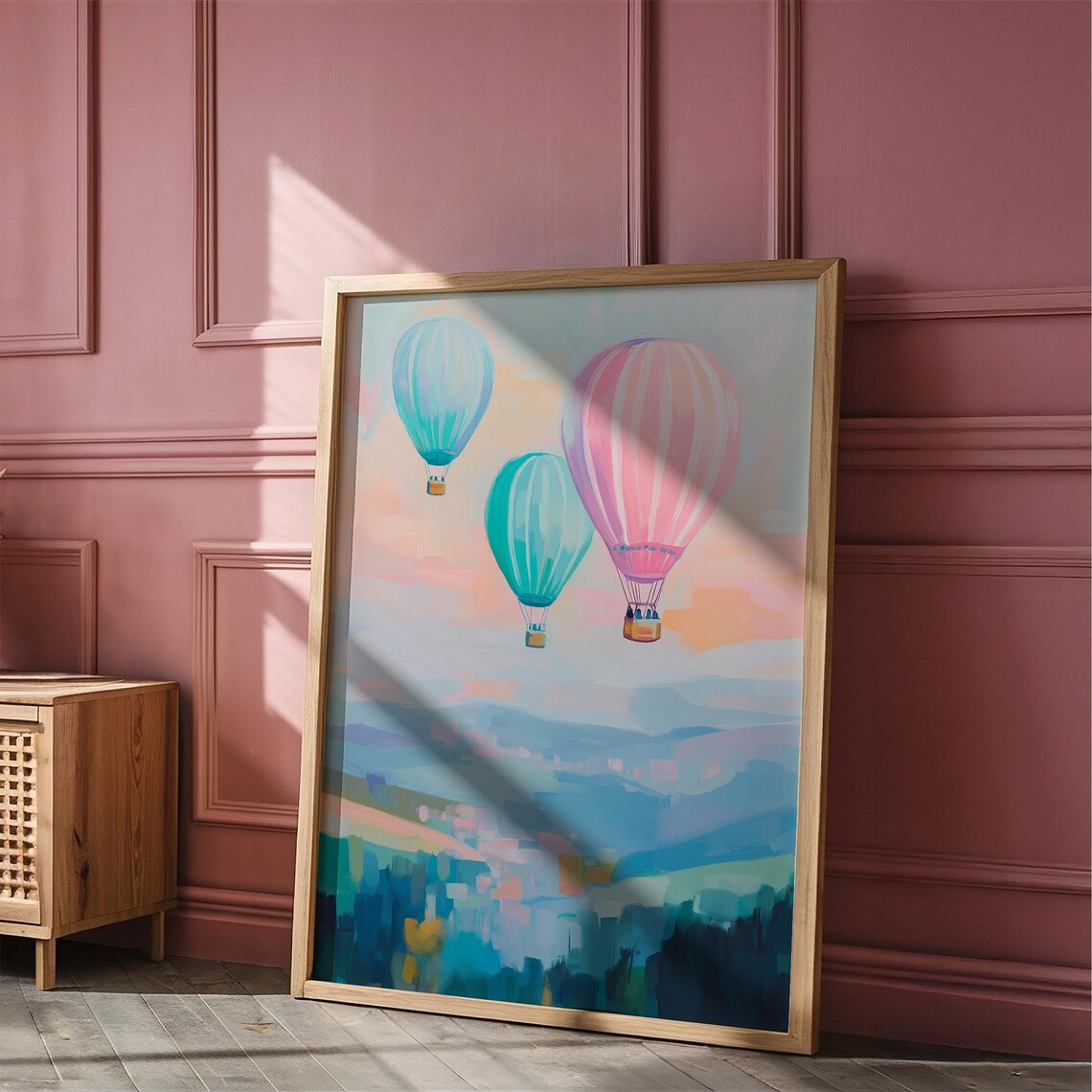 Hot Air Balloons Drifting Over Misty Valley Sunset Pastel Poster - Image 4