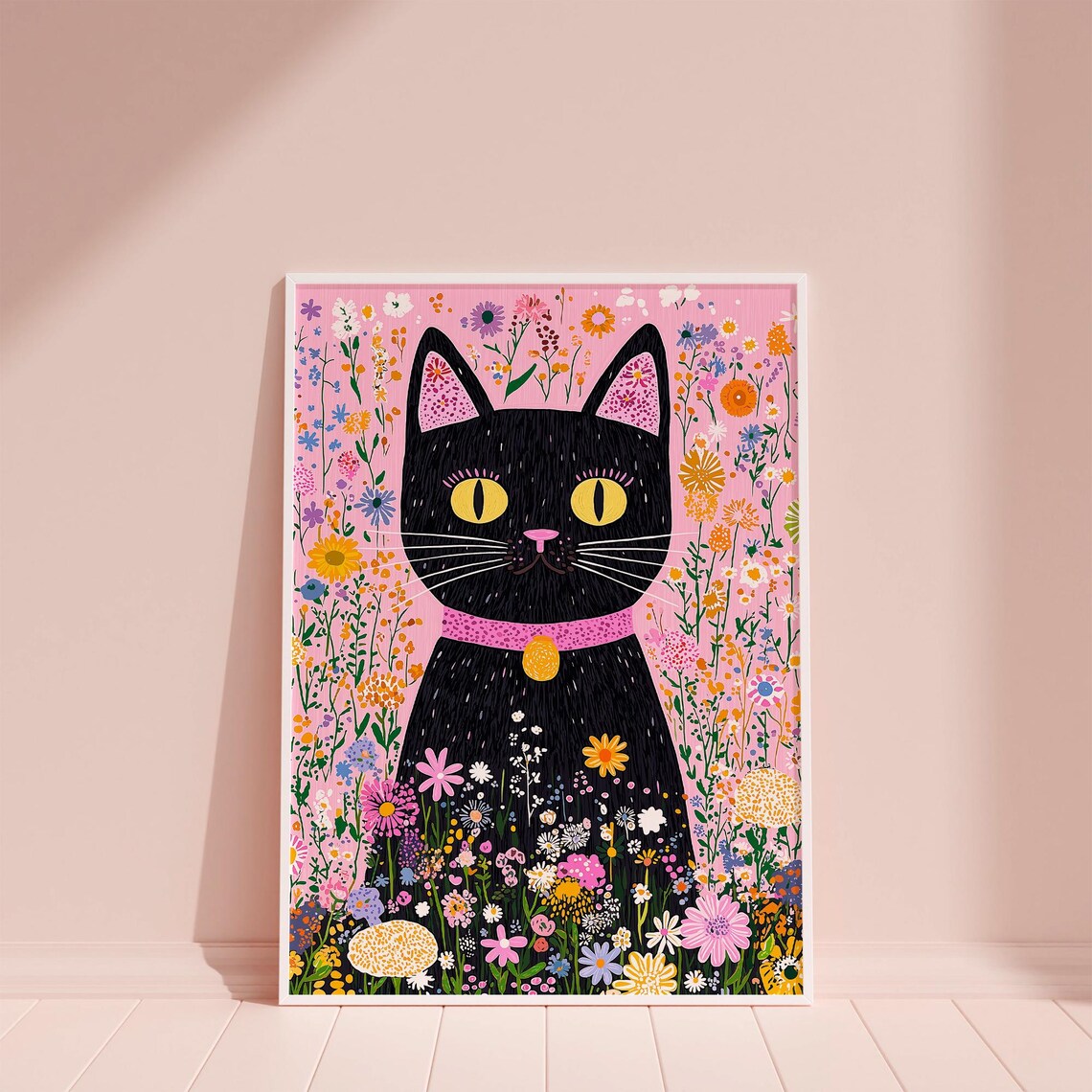 Black Cat in Blooming Wildflower Garden Whimsical Folk Art Poster - Image 5