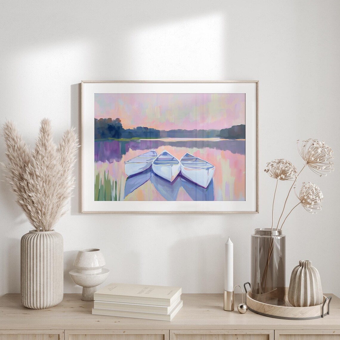 Three White Rowboats Resting On Pink Sunset Lake Boating Poster - Image 2