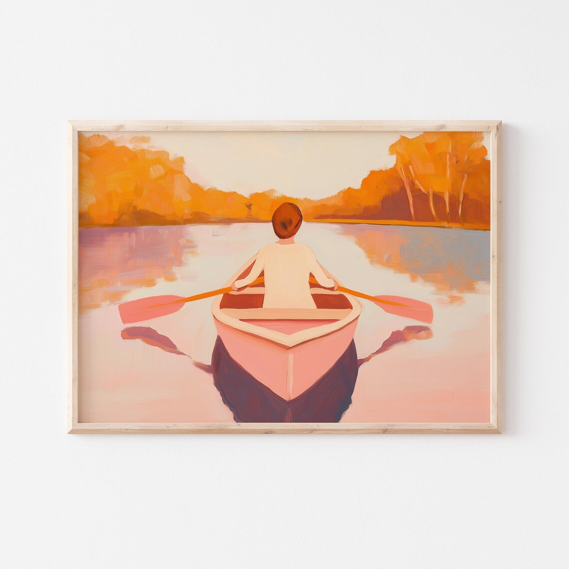 Woman Paddling Pink Canoe On Autumn Lake At Golden Sunset Poster - Image 6