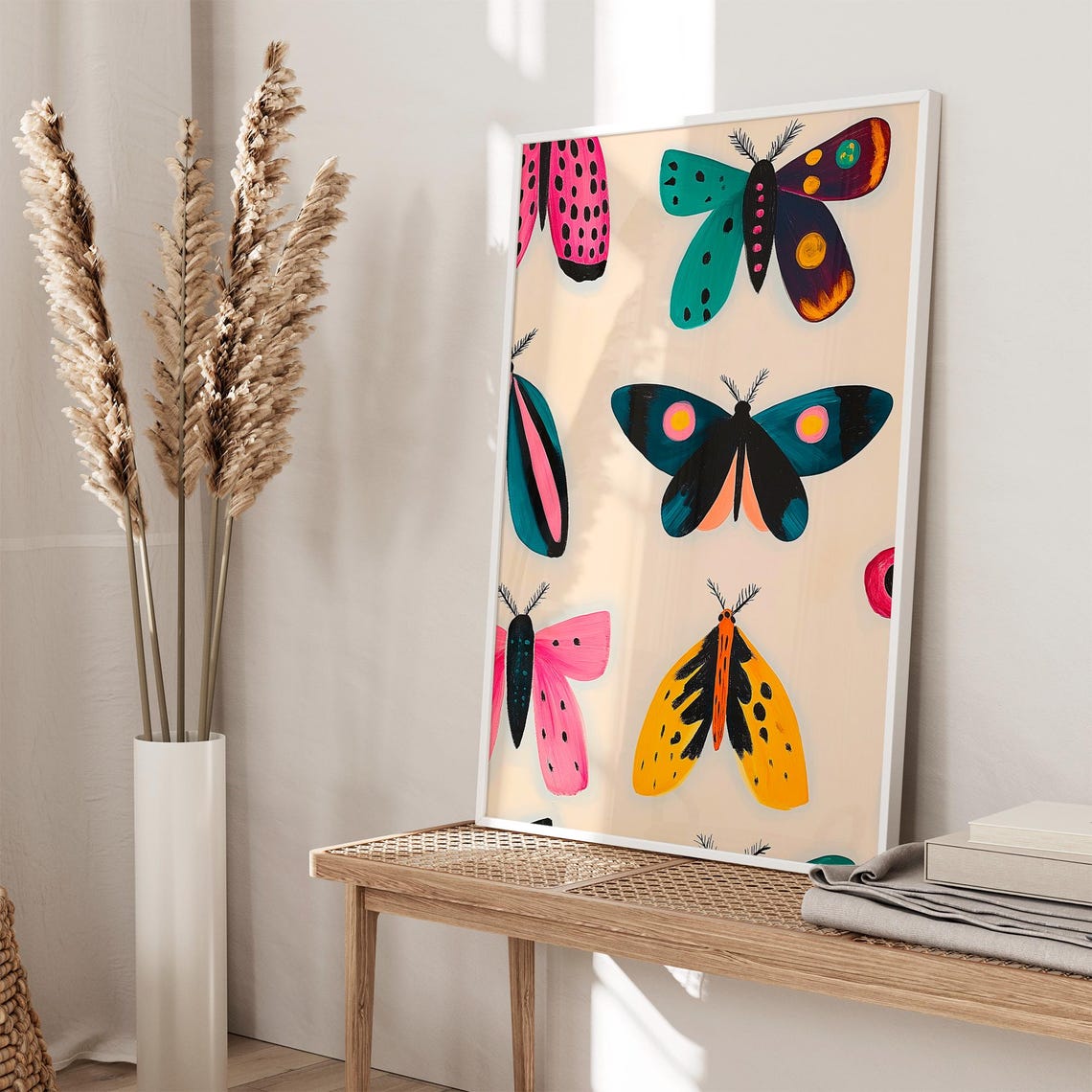 Colorful Folk Art Moths Pattern Playful Retro Insects Poster - Image 2