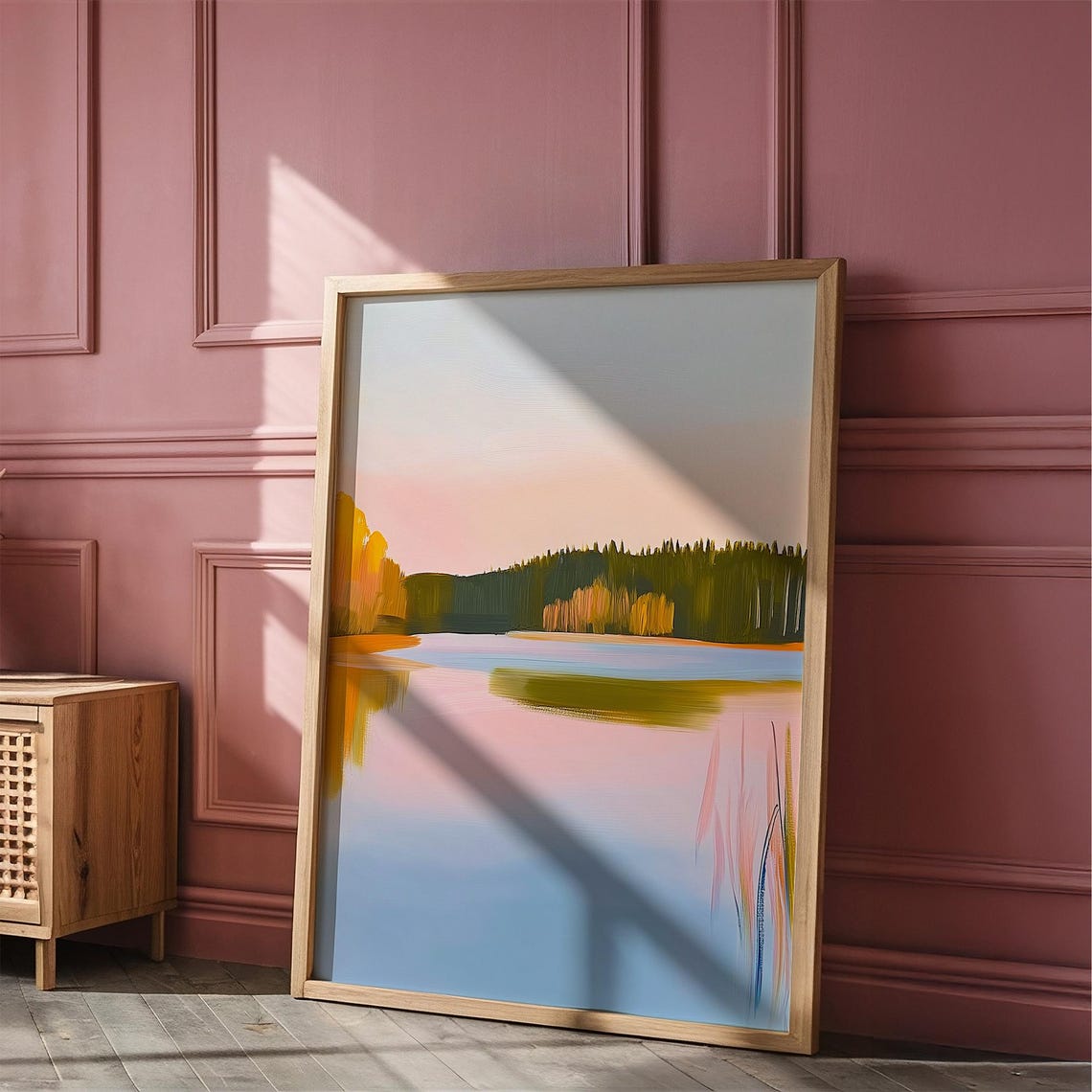 Pink Sunset Lake With Forest Reflection Calm Water Landscape Poster - Image 3