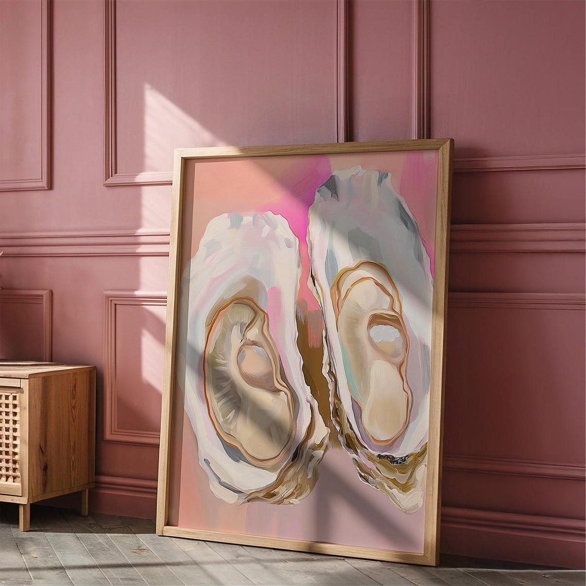 Two Fresh Oysters On Pink Background Coastal Shell Art Poster - Image 3