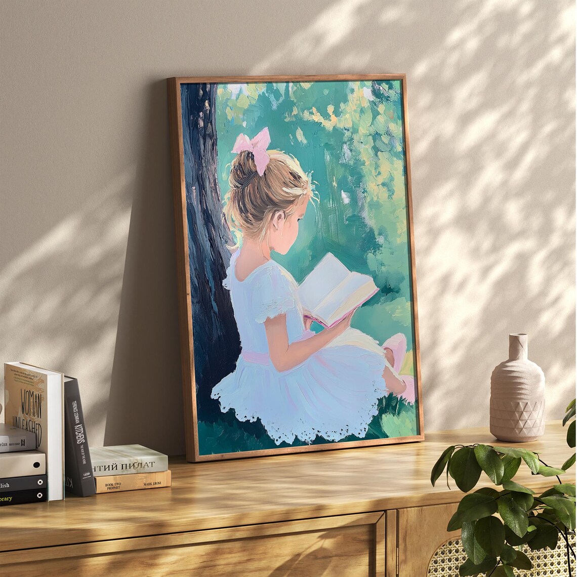 Blonde Girl Reading Under Green Tree White Dress Kids Poster - Image 4