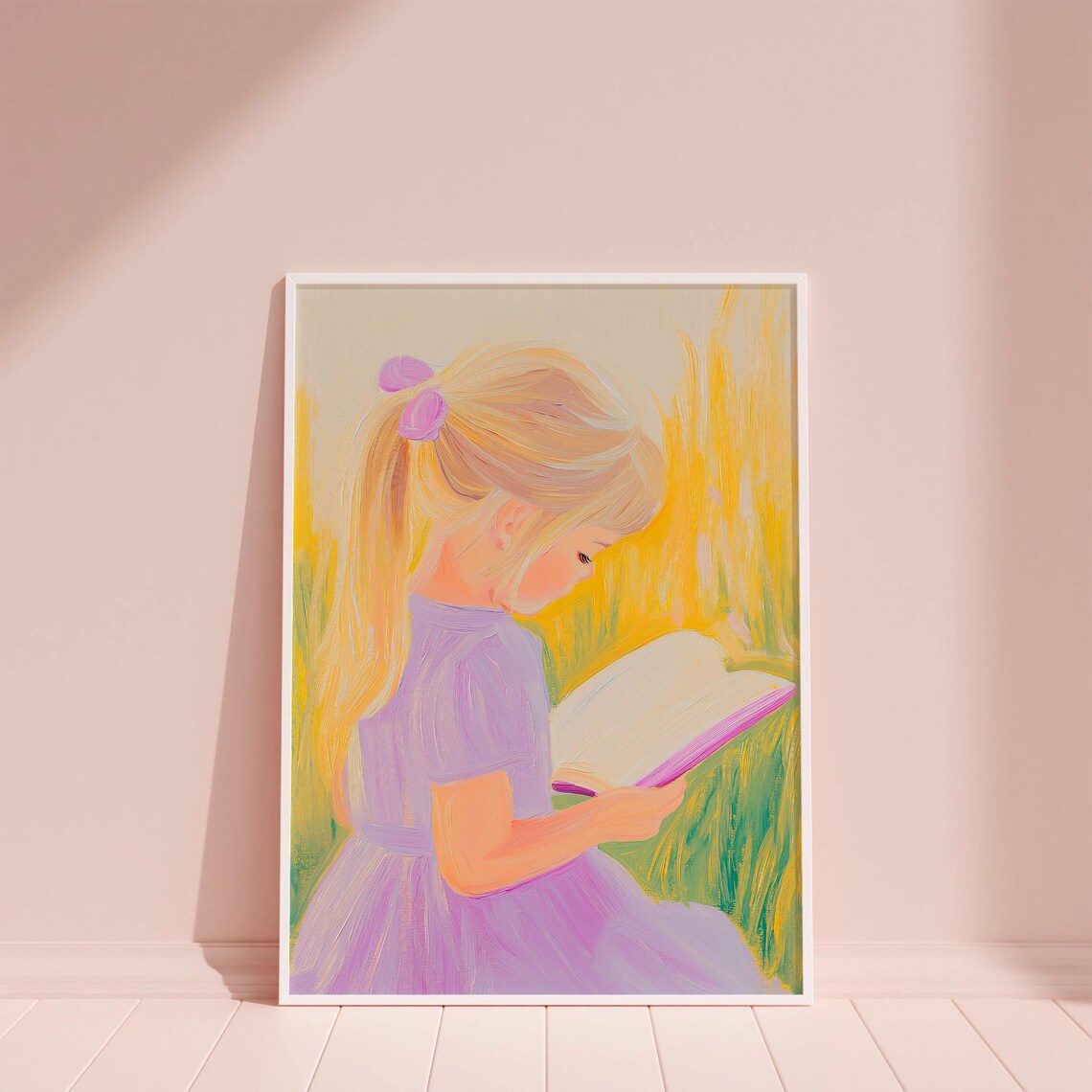 Blonde Girl in Purple Dress Reading in Golden Wheat Field Poster - Image 2