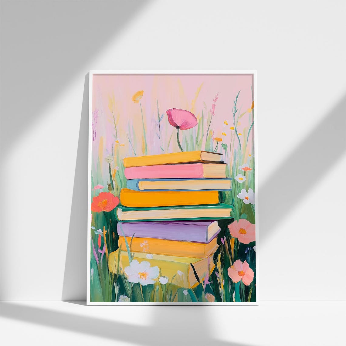 Pastel Book Stack in a Wildflower Meadow Under a Pink Sky Poster - Image 4