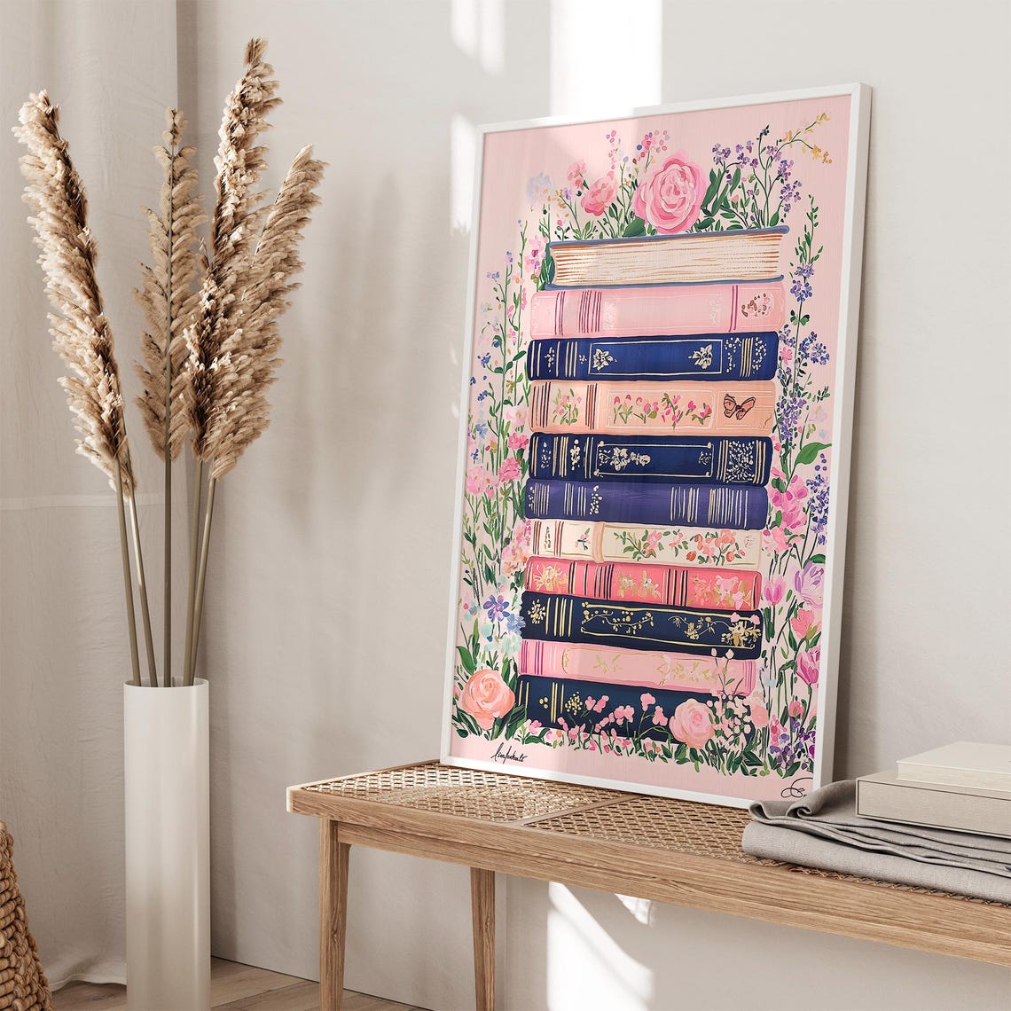 Blush Pink Book Stack Floral Roses Reading Nook Book Lover Poster - Image 2