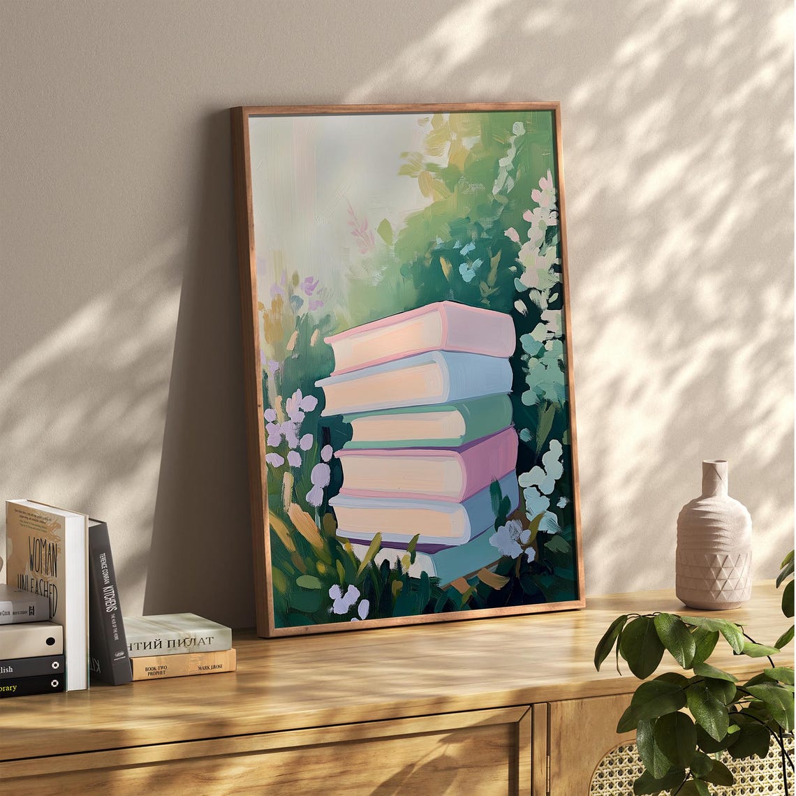 Pastel Book Stack in a Flower Garden Botanical Library Decor Poster - Image 6