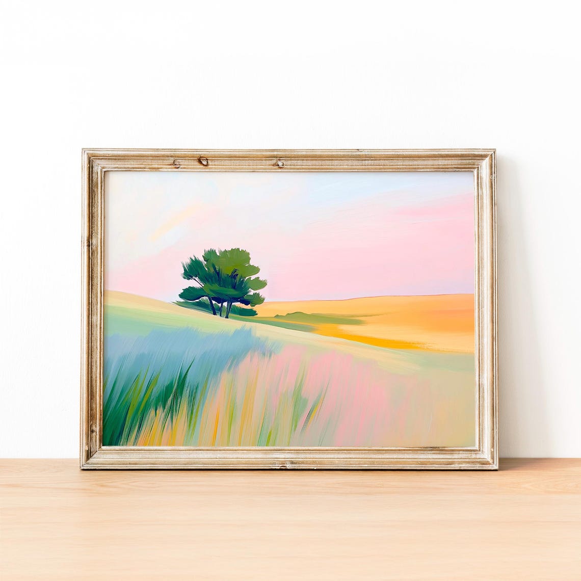 Lone Green Tree On Colorful Spring Meadow With Pink Sky Poster - Image 2