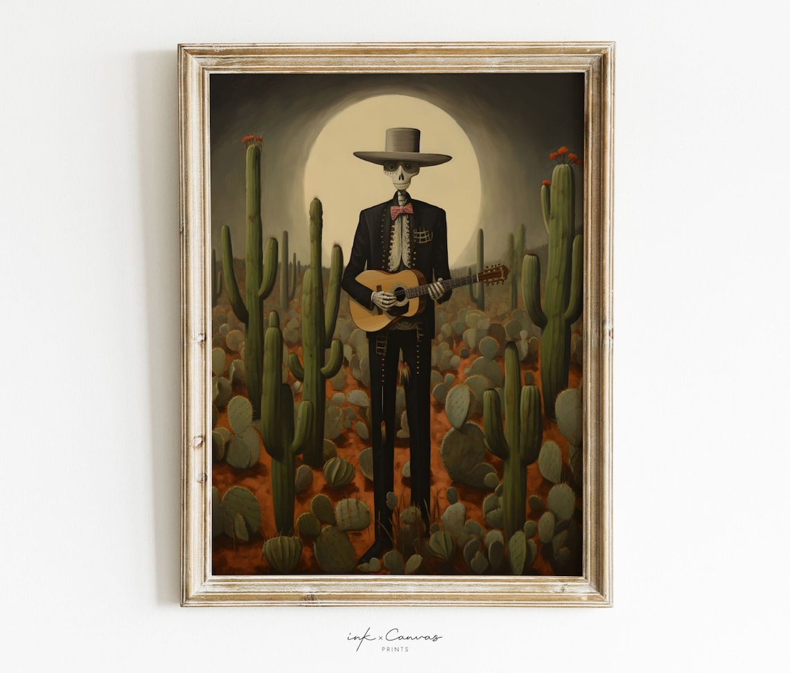 Dia De Los Muertos Skeleton Guitar Vintage Art Print