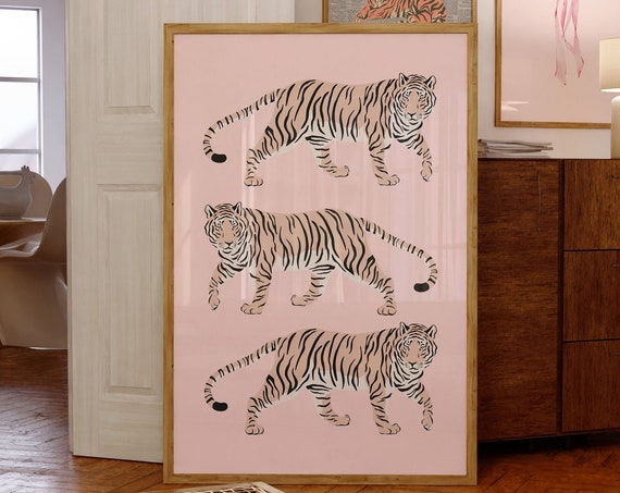 Three Tigers Illustration Trio On Soft Pink Background Decorative Art Poster
