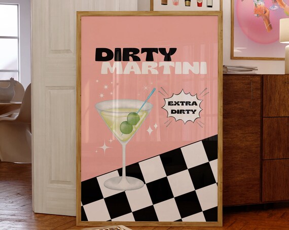 Retro Dirty Martini Artcocktails Posterstrendy Artcocktail Artpreppy Bar Cart Artpreppy Pink Posterscute Aesthetic Girly Bar Cart Art