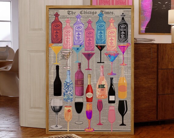The Chicago Times Cocktail Bottles Newspaper Collage Bar Poster