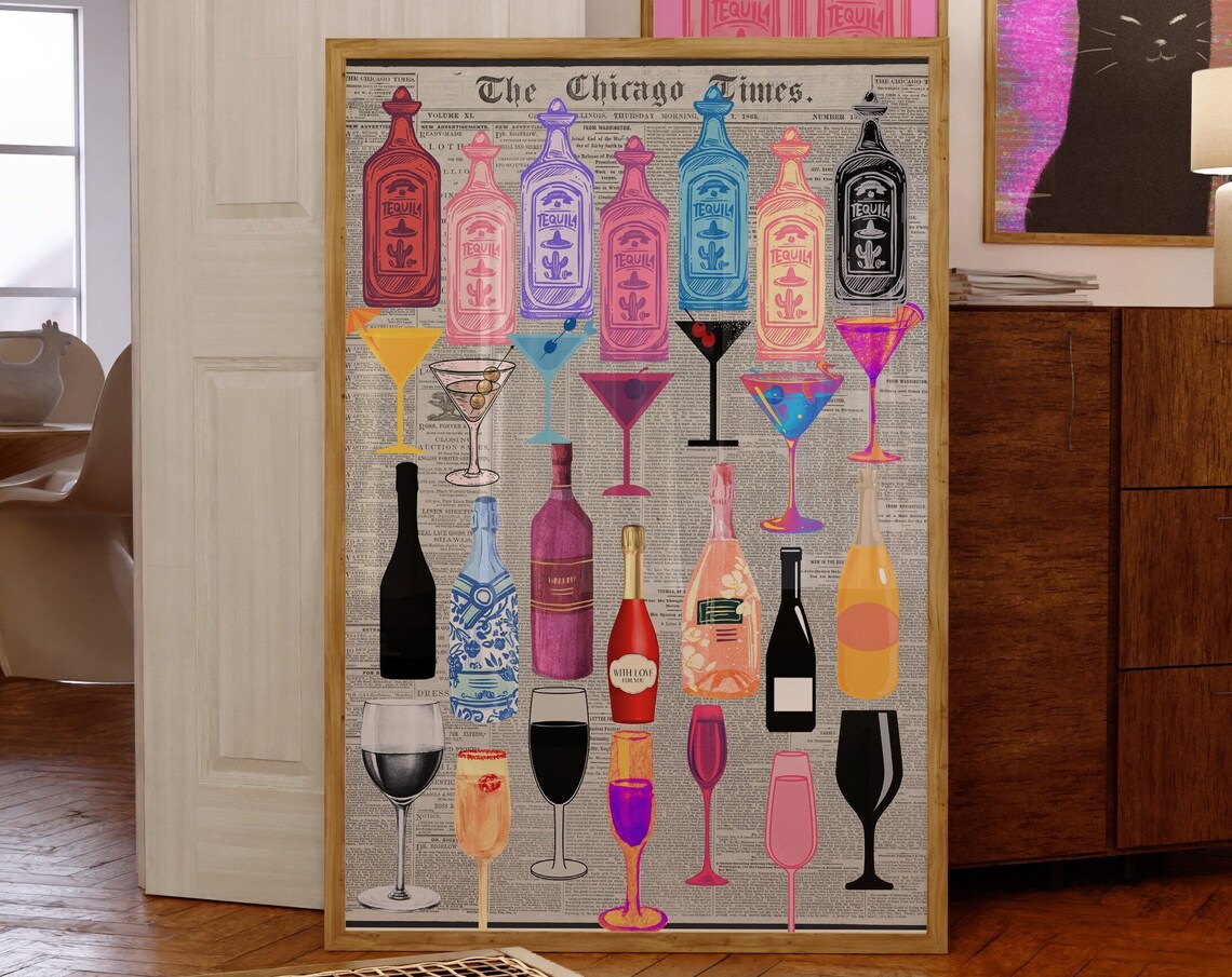 The Chicago Times Cocktail Bottles Newspaper Collage Bar Poster