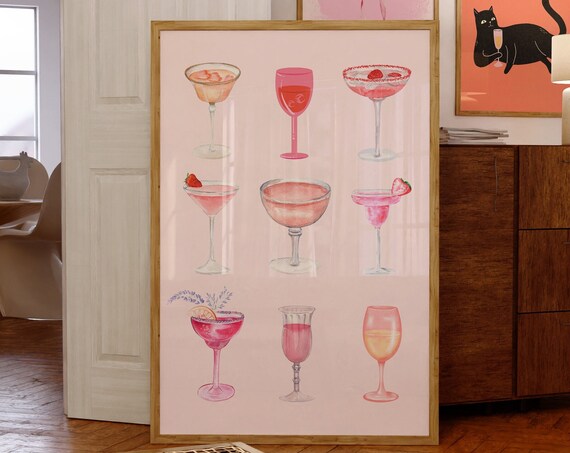 Pink Watercolor Champagne Glasses Collection Bar Cart Poster