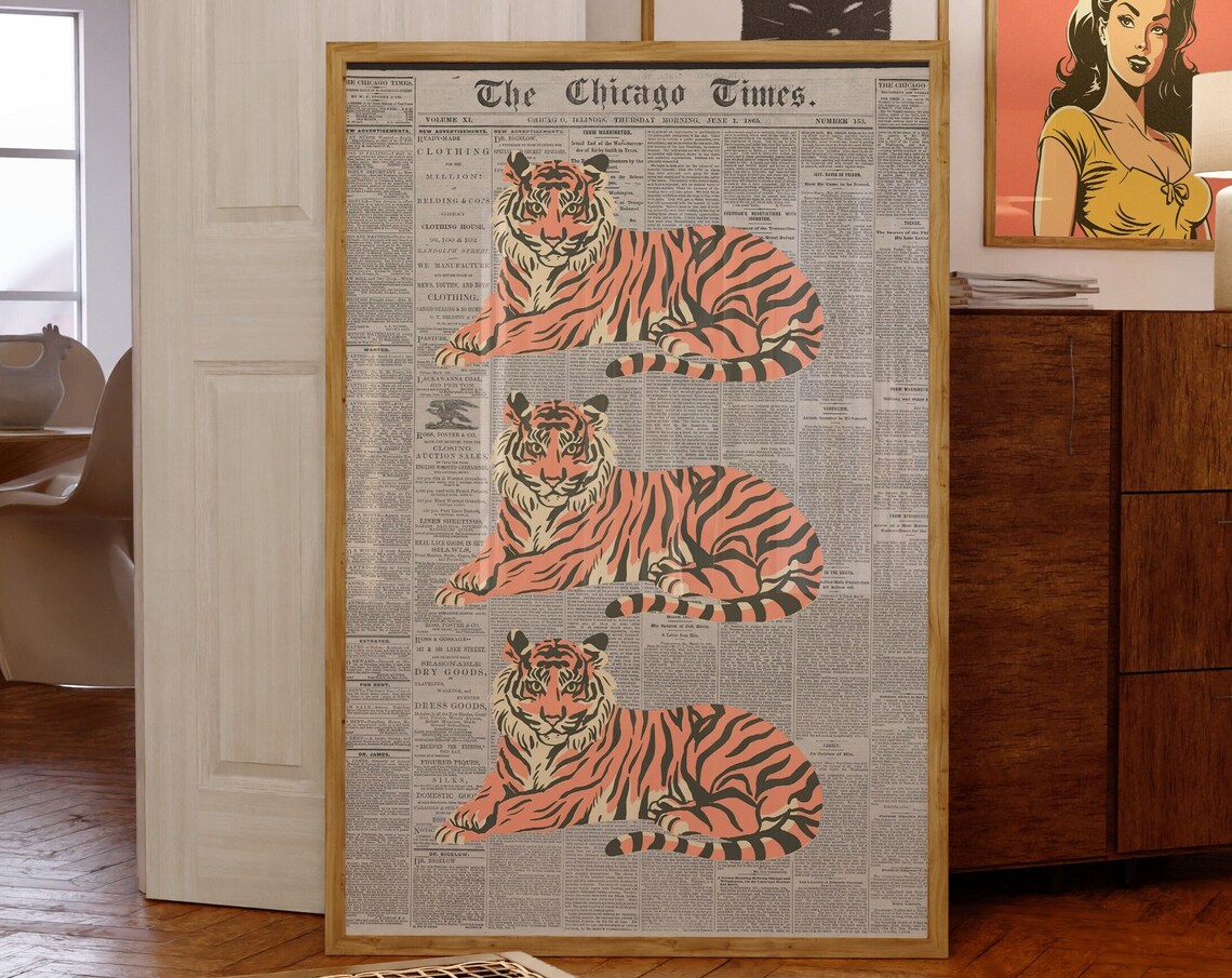 Three Pink Tigers On Vintage Chicago Times Newspaper Art Poster