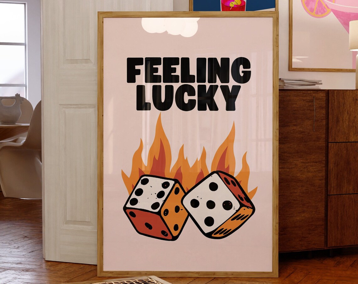 Feeling Lucky Flaming Dice Retro Vintage Casino Game Room Wall Art