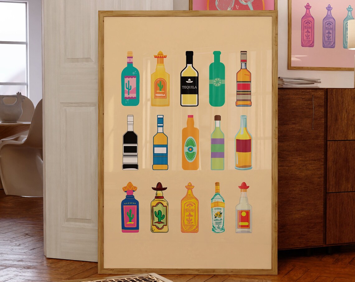 Colorful Tequila Bottles Collection Retro Bar Cart Kitchen Decor Poster